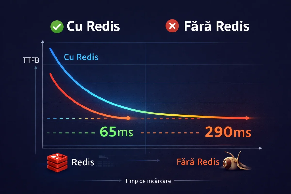 TTFB WordPress cu Redis comparativ cu fara Redis